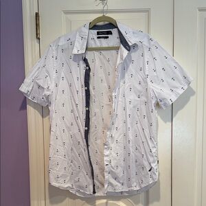 Nautica White Short-Sleeve Button-Down Shirt with Navy Anchor Print